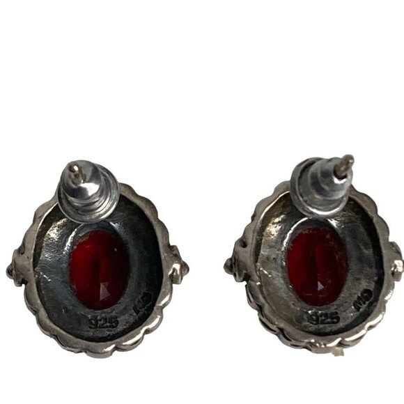 Marsala Sterling Silver Earrings Marcasite Ruby CZ Oval Studs Elegant Regal - Picture 3 of 7